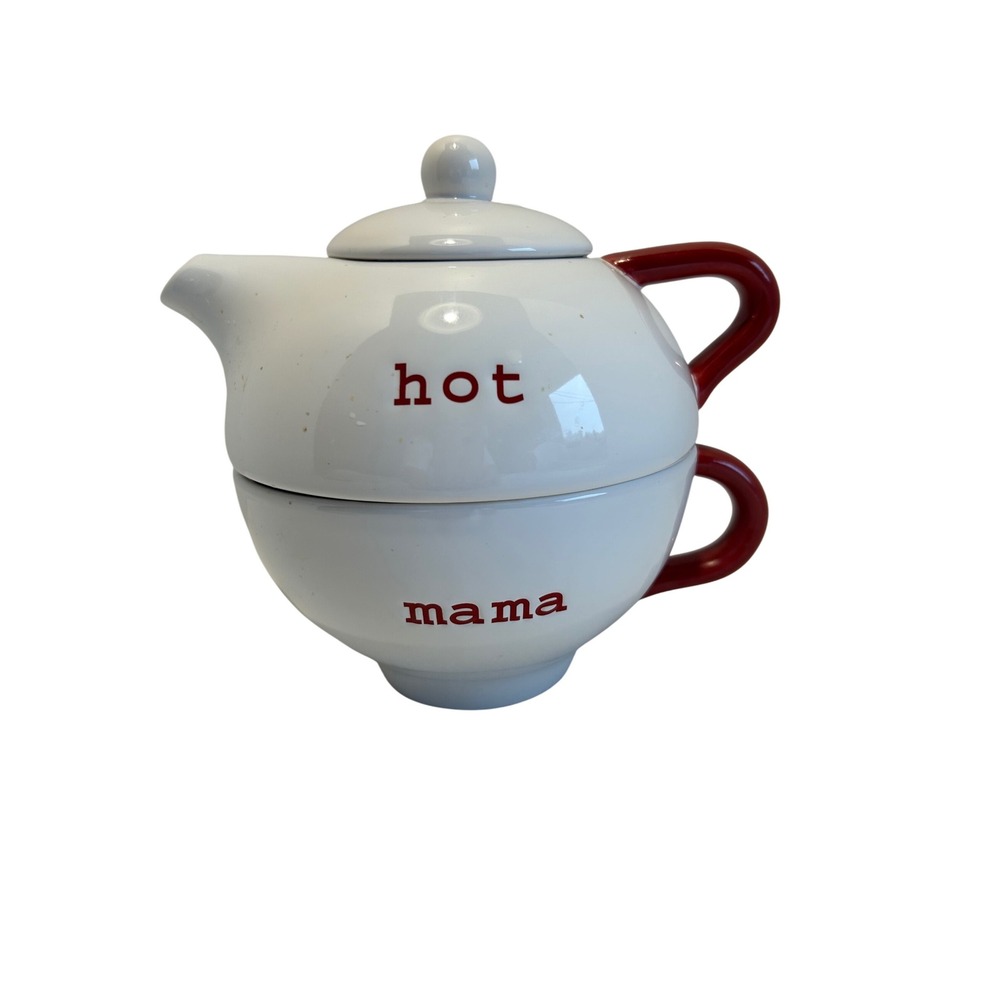 Pottery Barn Hot Mama‎ Teapot Cup Set Red White Ceramic Stacking Mug Kitchenware